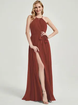 [Final Sale] Cinnamon Rose Halter Neck Slit Wrap Chiffon Bridesmaid Dress Floor Length