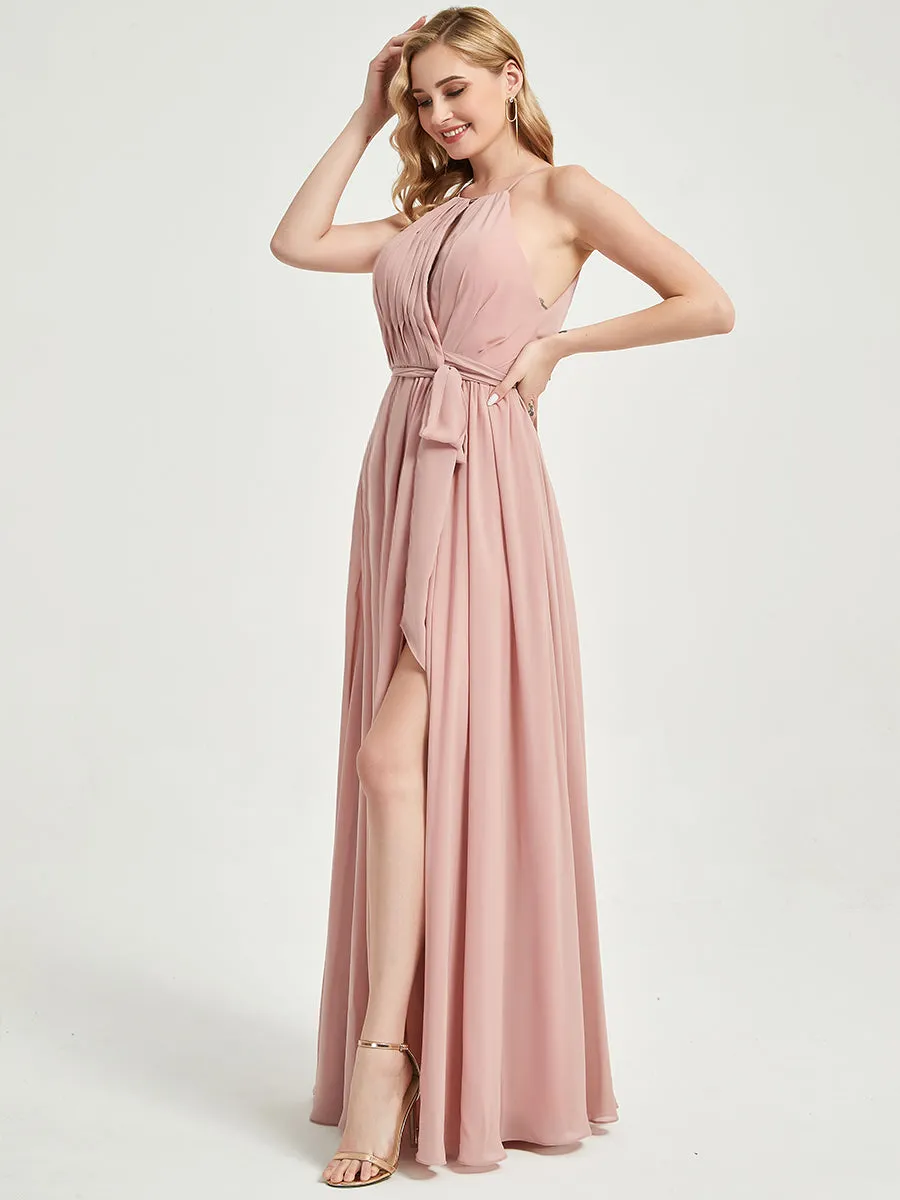 [Final Sale] Cinnamon Rose Halter Neck Slit Wrap Chiffon Bridesmaid Dress Floor Length