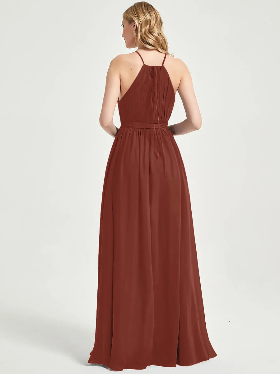 [Final Sale] Cinnamon Rose Halter Neck Slit Wrap Chiffon Bridesmaid Dress Floor Length