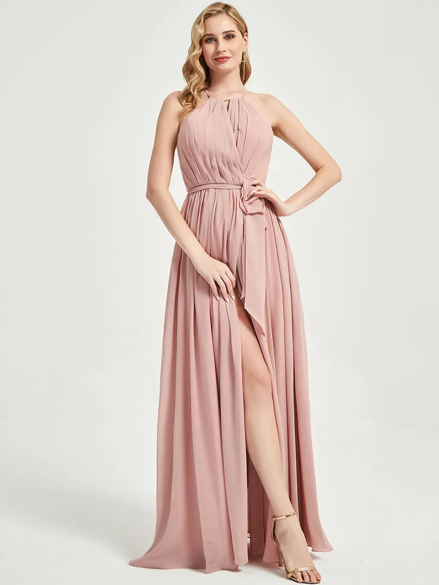 [Final Sale] Cinnamon Rose Halter Neck Slit Wrap Chiffon Bridesmaid Dress Floor Length