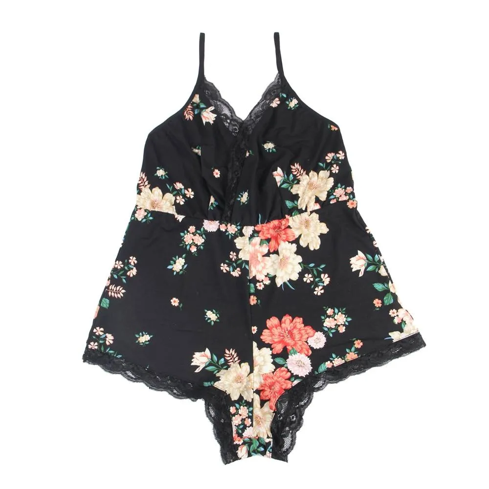 Floral print V-neck Backless Pajama Egypt Romper Onesies For Women