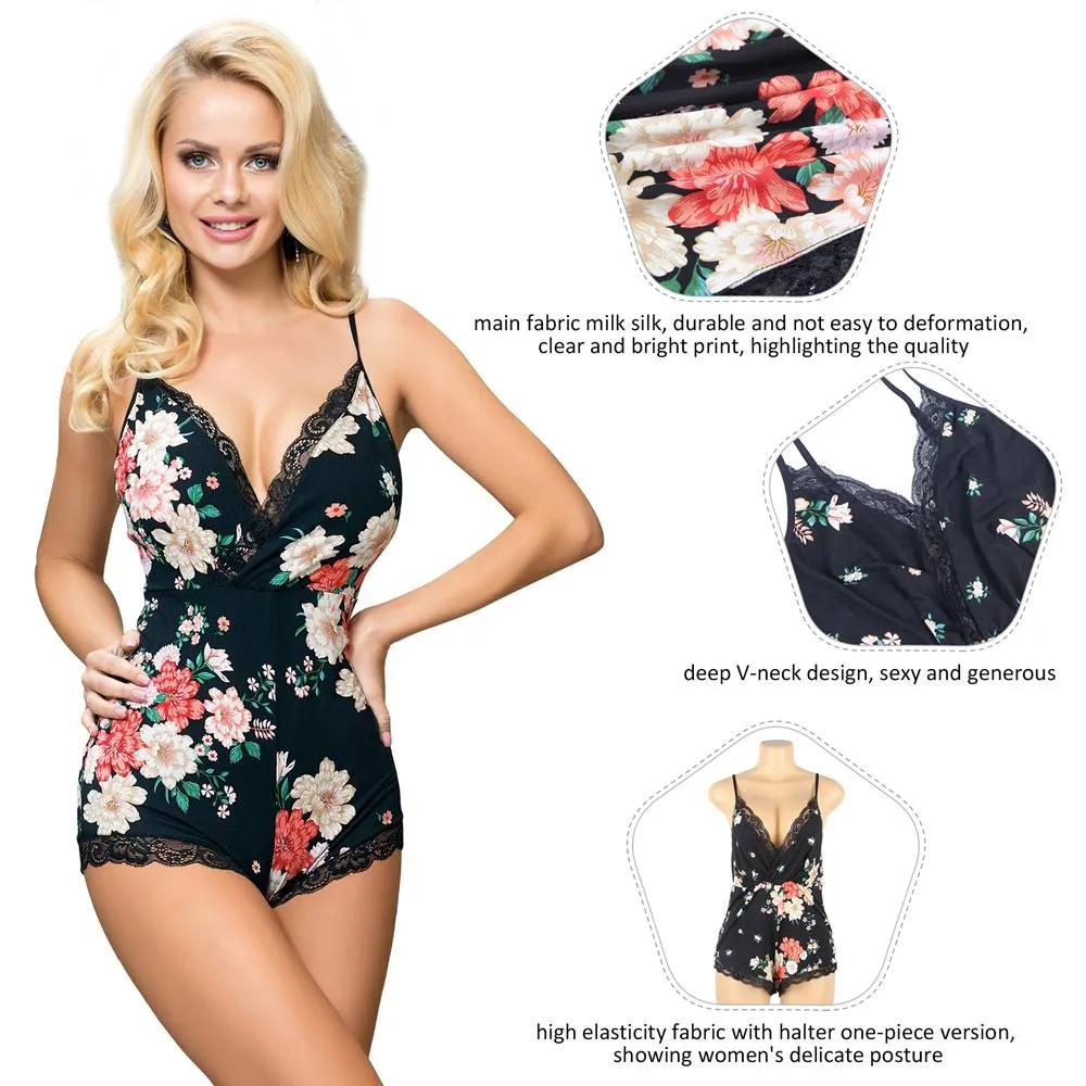 Floral print V-neck Backless Pajama Egypt Romper Onesies For Women