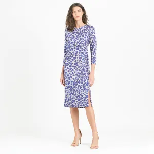 Foil Knit - Side Slit 3/4 Sleeve Midi Dress - Plum Cheetah