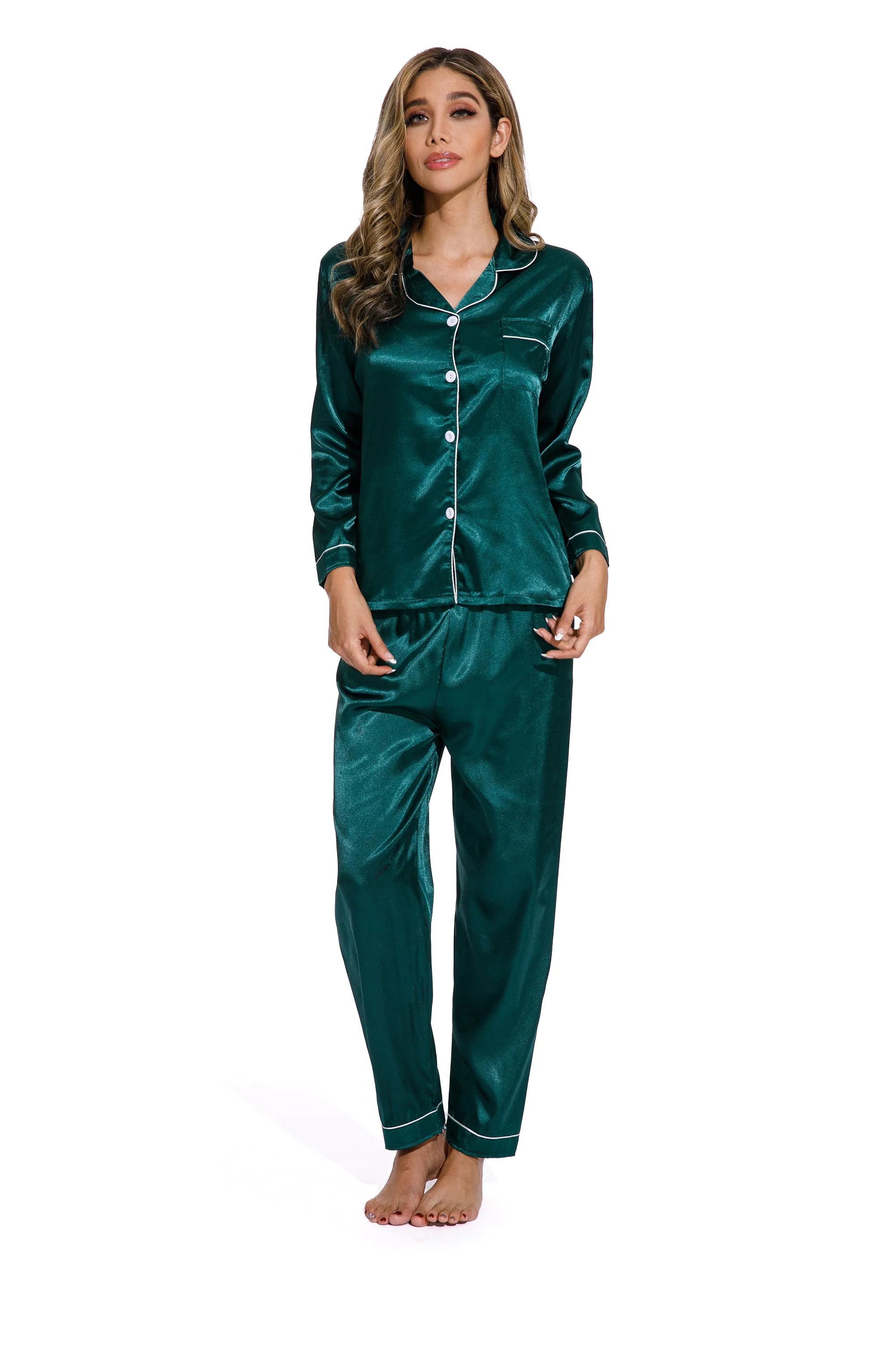 Green -Long Sleeve Women Pure Color Like Silk Sleepwear set