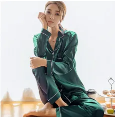 Green -Long Sleeve Women Pure Color Like Silk Sleepwear set