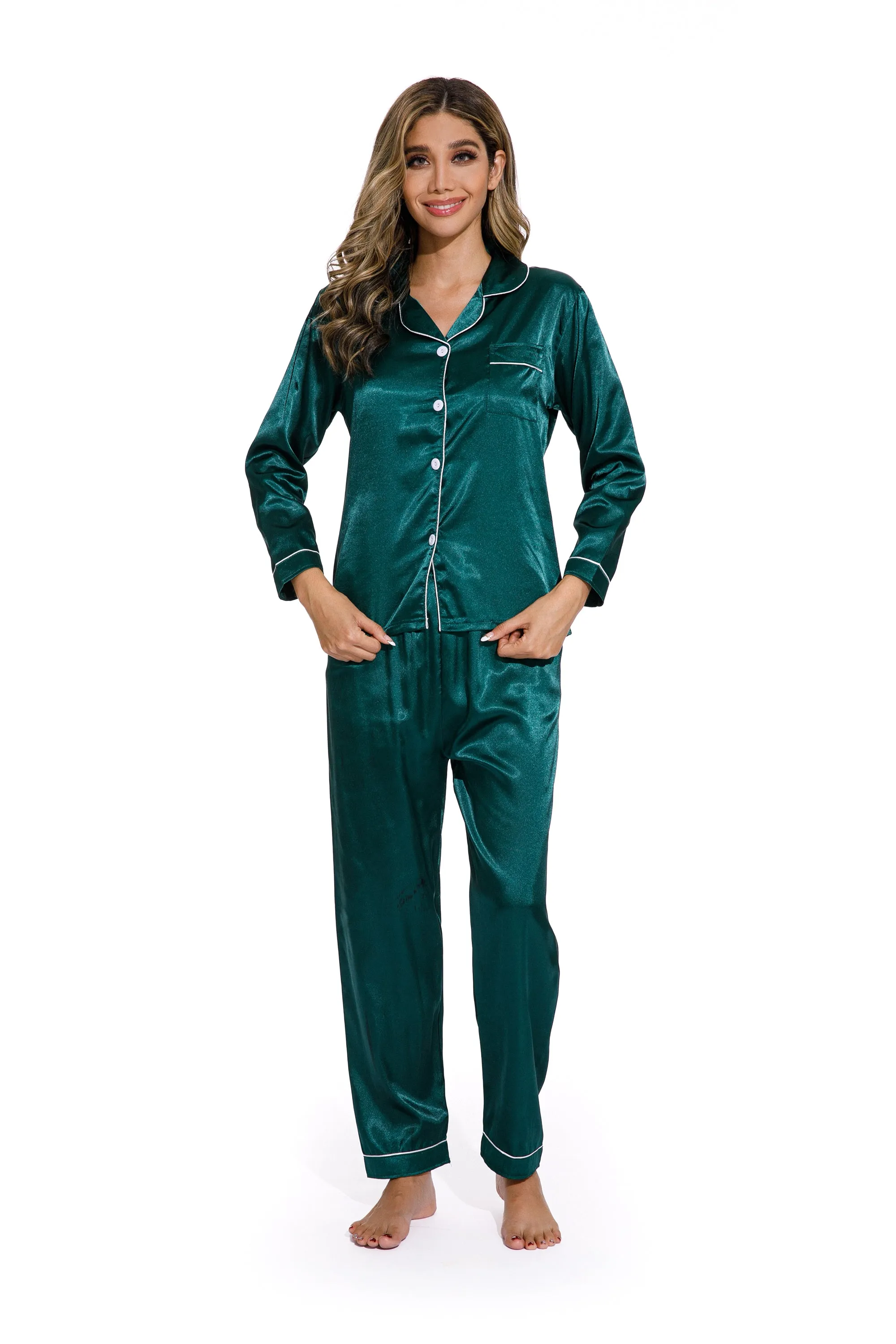 Green -Long Sleeve Women Pure Color Like Silk Sleepwear set