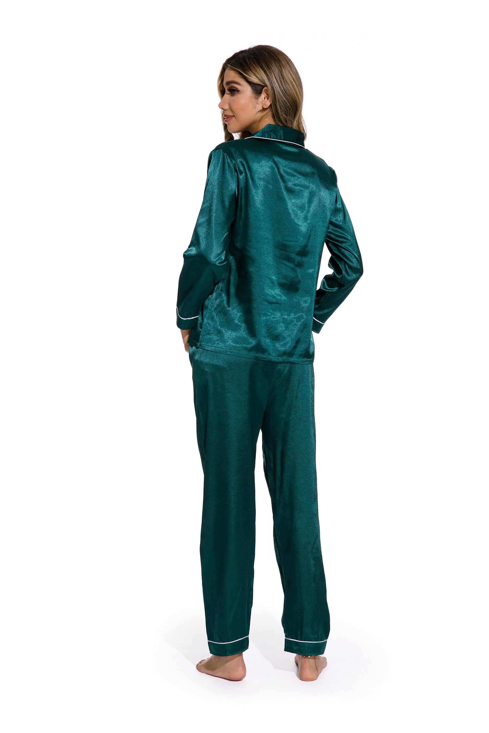 Green -Long Sleeve Women Pure Color Like Silk Sleepwear set