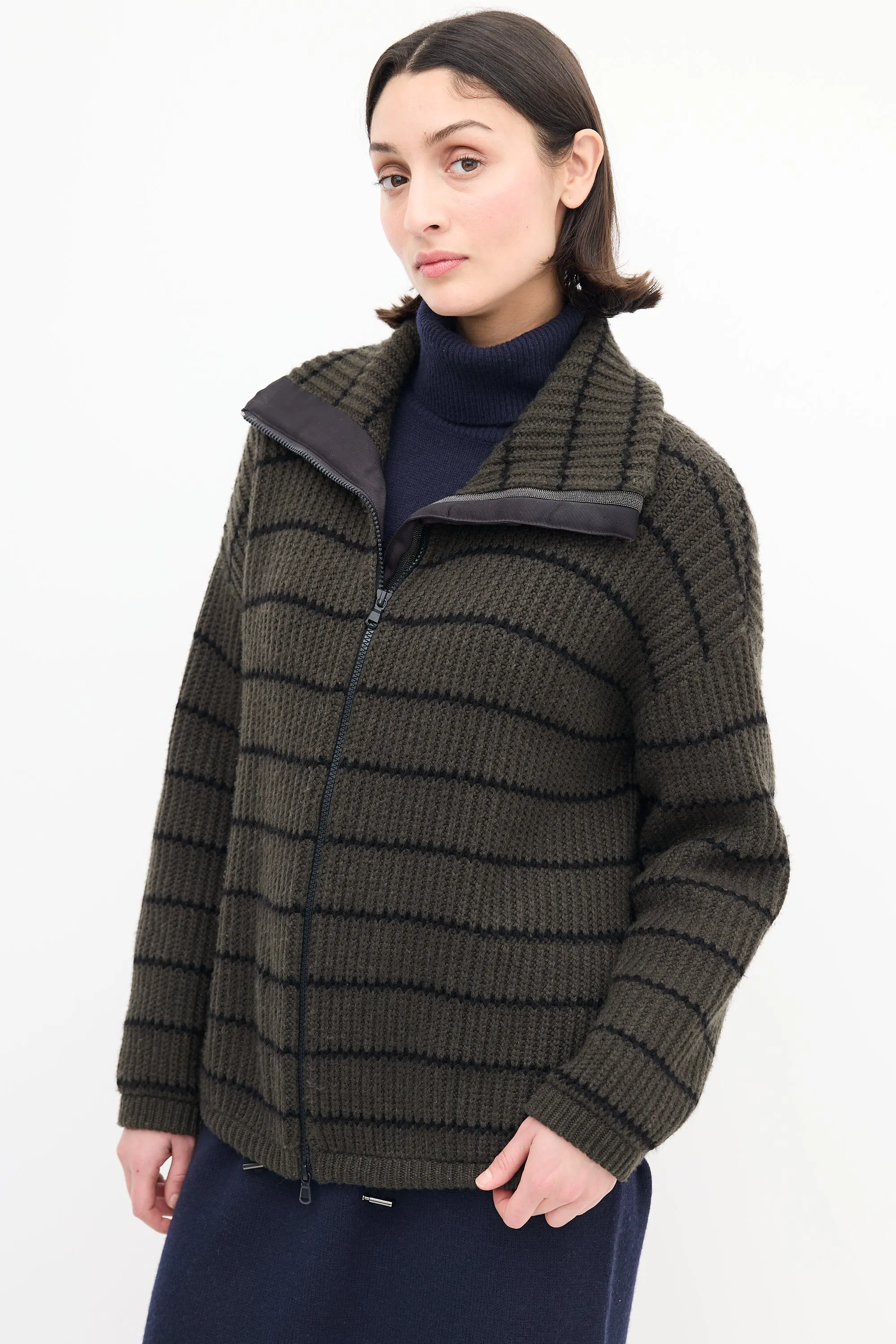 Grey & Black Cashmere Zip Up Sweater