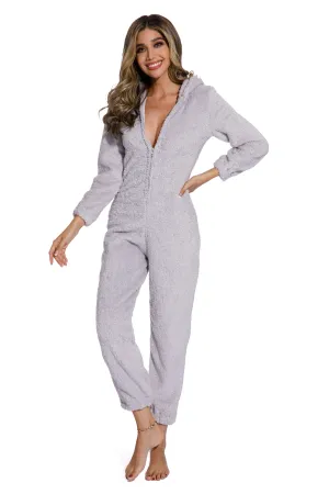 Grey-Women Long Sleeve Zipper pajamass Jumpsuit