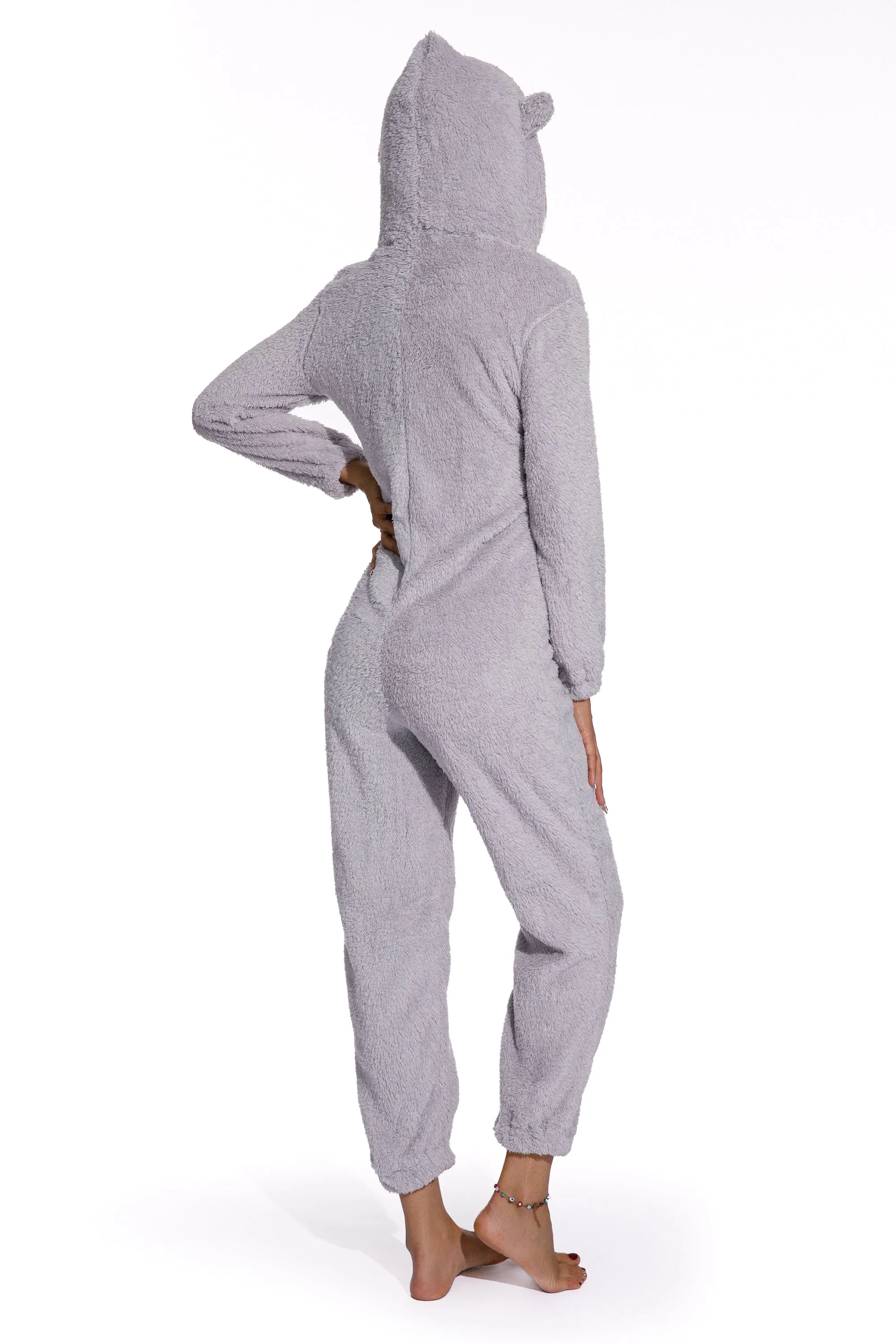 Grey-Women Long Sleeve Zipper pajamass Jumpsuit