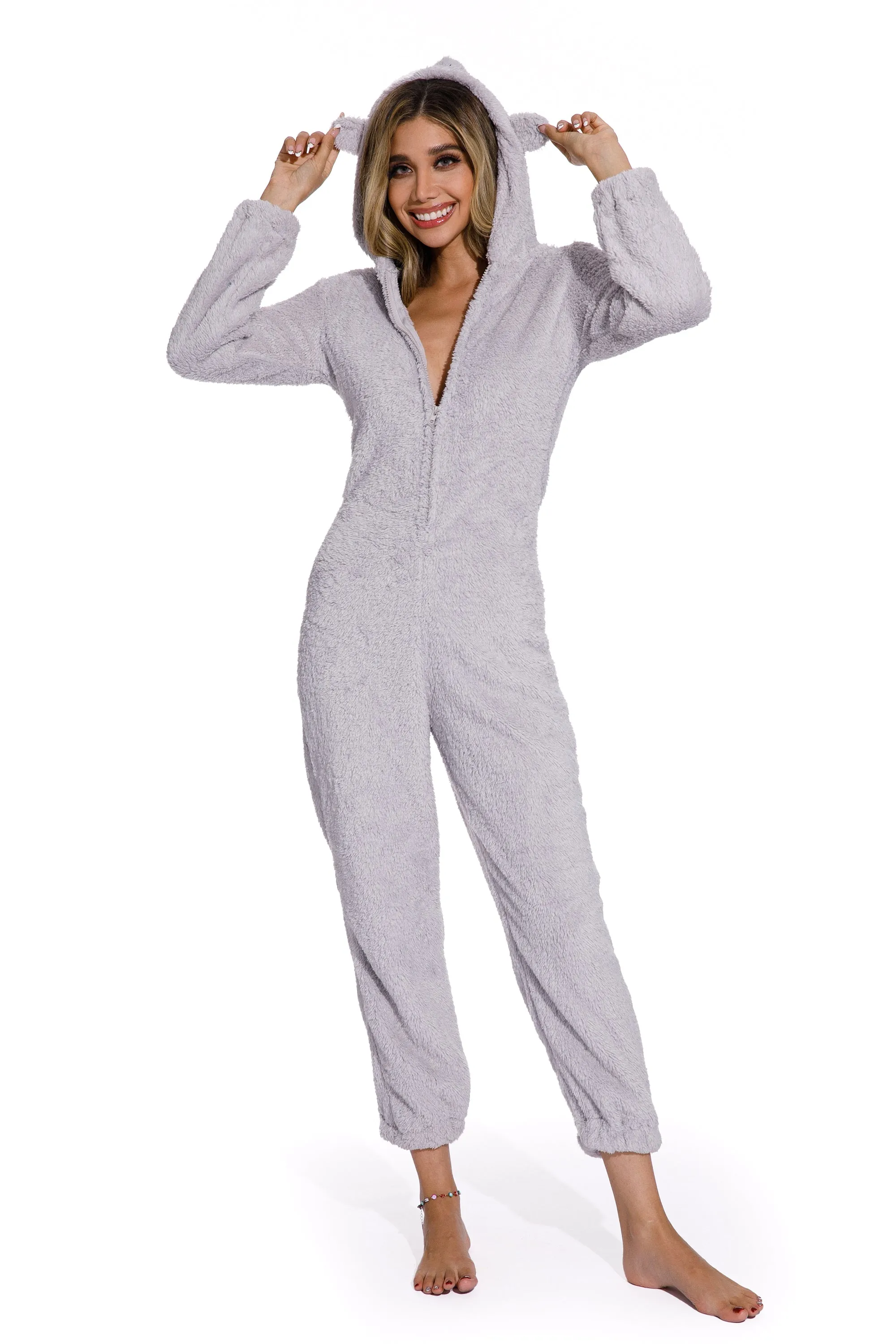 Grey-Women Long Sleeve Zipper pajamass Jumpsuit