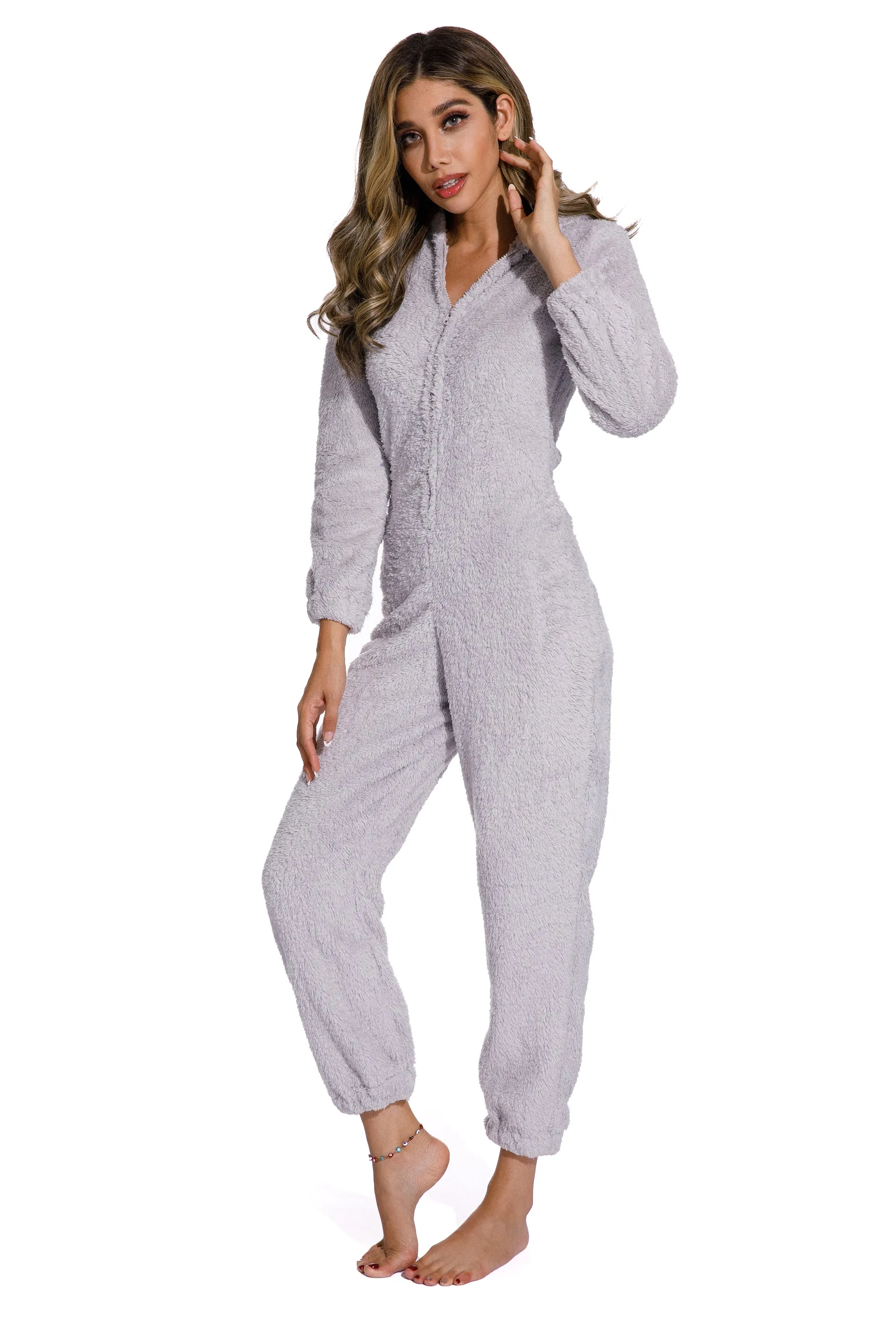 Grey-Women Long Sleeve Zipper pajamass Jumpsuit