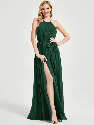 Halter Neck Slit Wrap Emerald Green Chiffon Bridesmaid Dress Floor Length