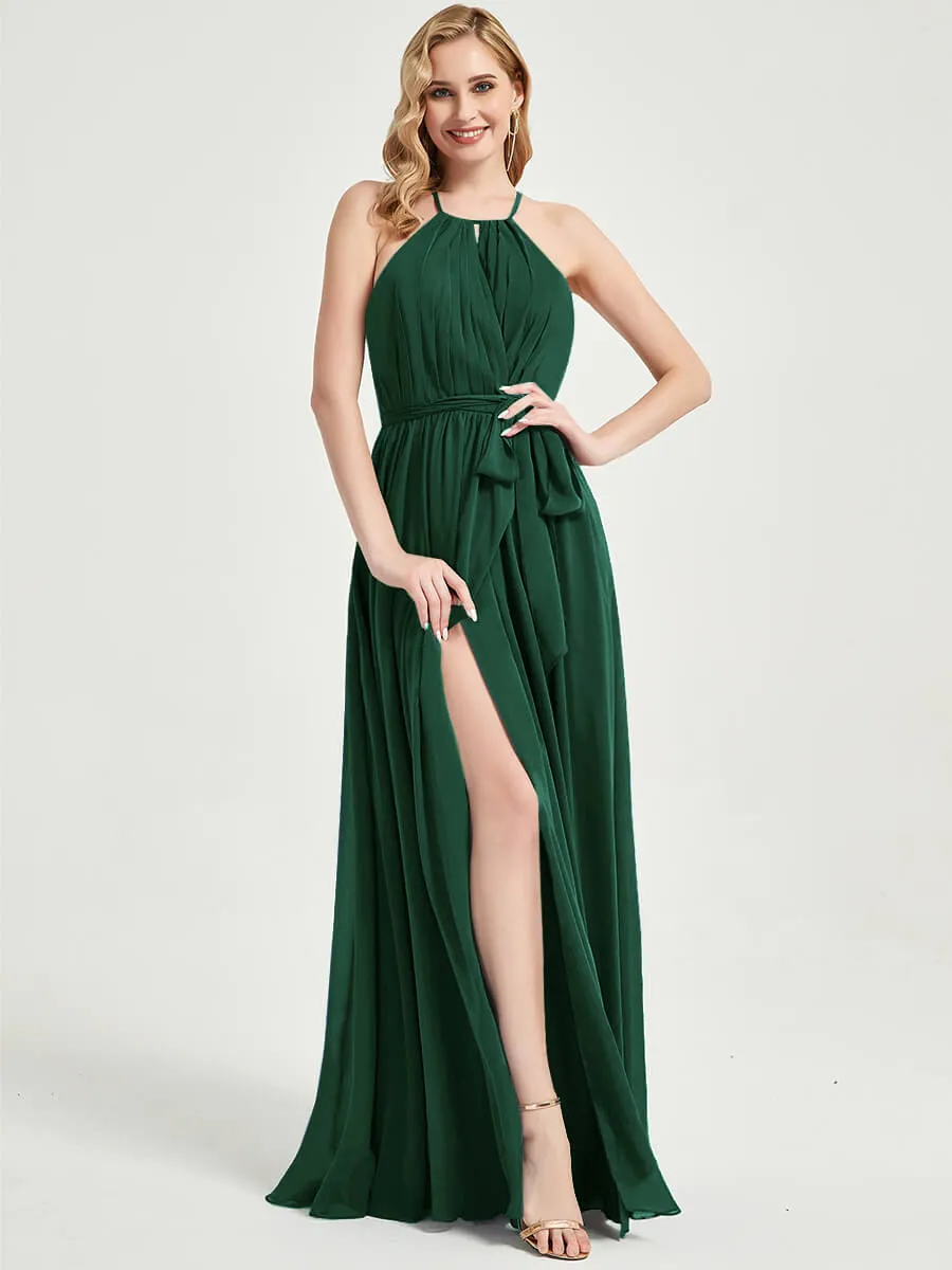 Halter Neck Slit Wrap Emerald Green Chiffon Bridesmaid Dress Floor Length