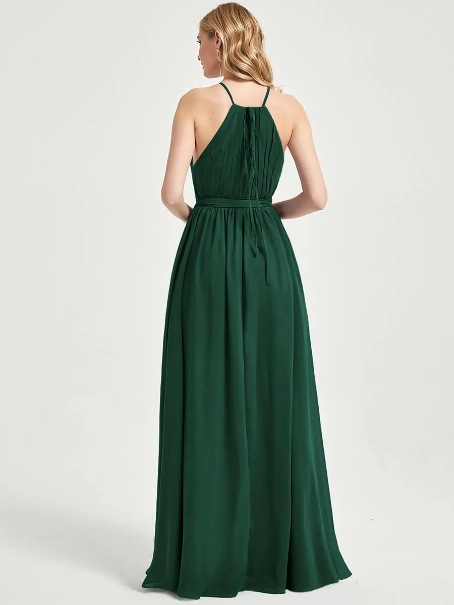 Halter Neck Slit Wrap Emerald Green Chiffon Bridesmaid Dress Floor Length