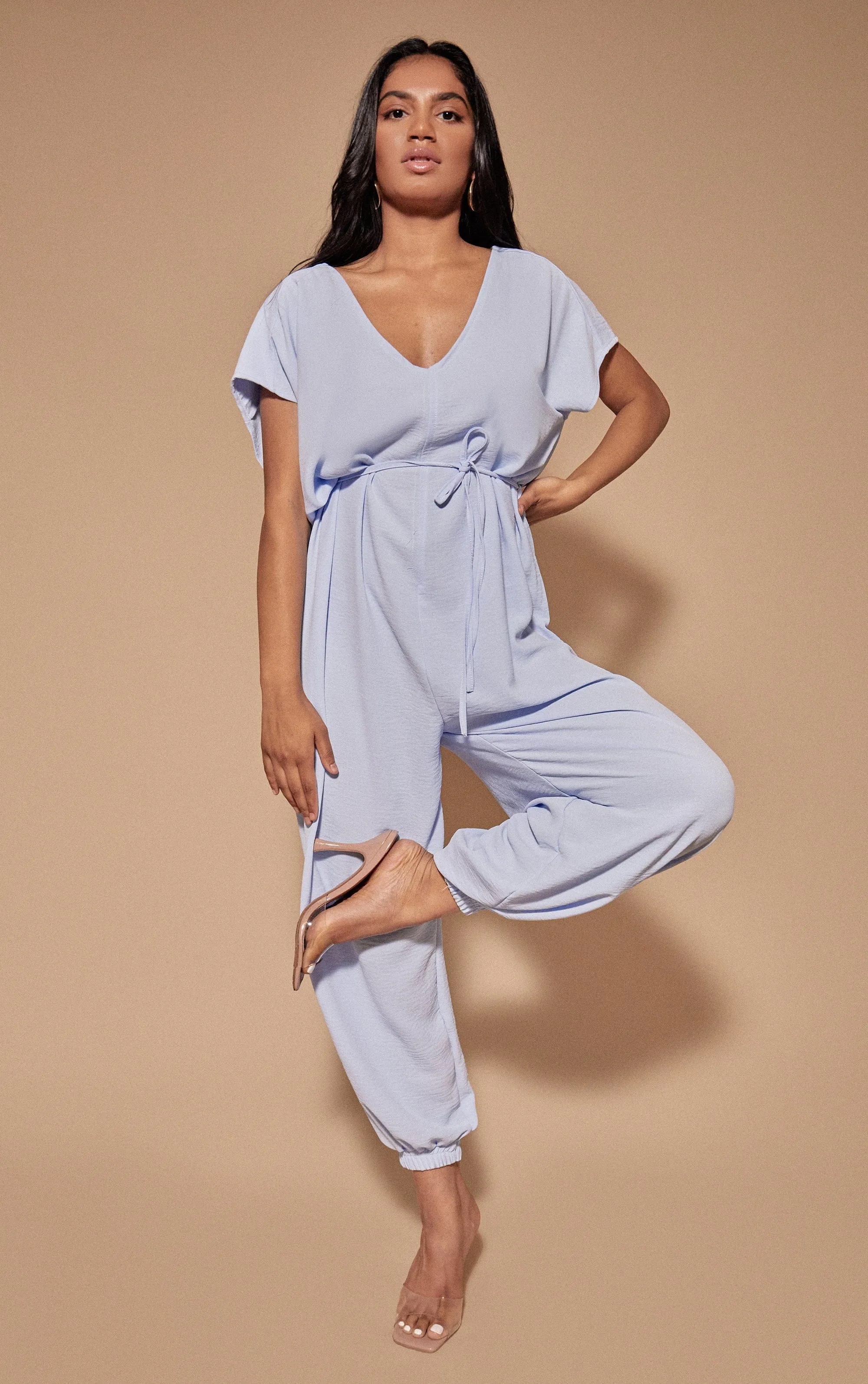 Harem Tie Waist Jumpsuit - Baby Blue