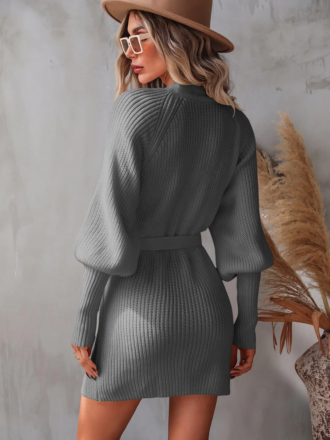 Hazel Blues® | Belted Surplice Lantern Sleeve Wrap Sweater Dress