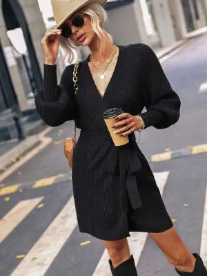 Hazel Blues® | Belted Surplice Lantern Sleeve Wrap Sweater Dress