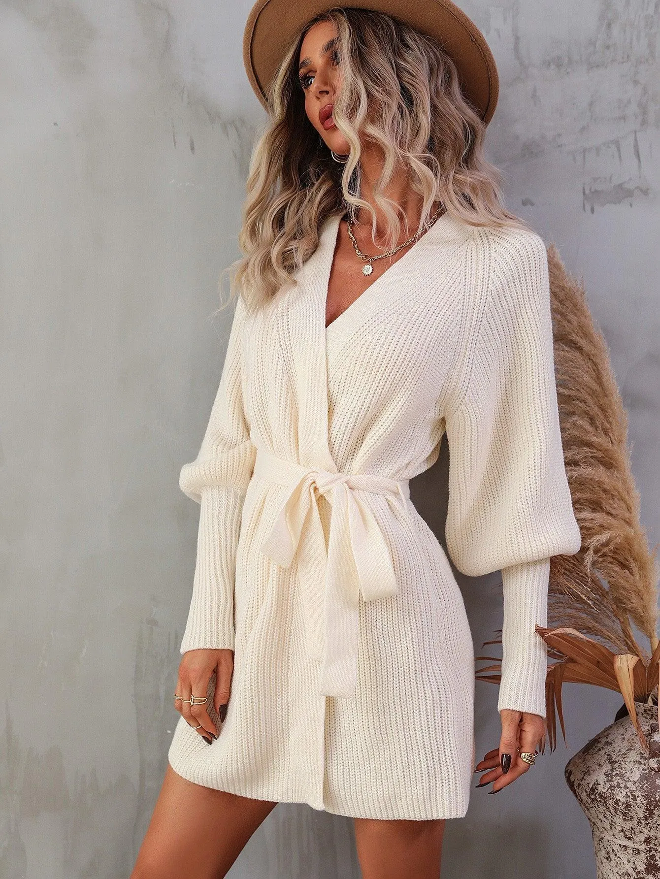 Hazel Blues® | Belted Surplice Lantern Sleeve Wrap Sweater Dress