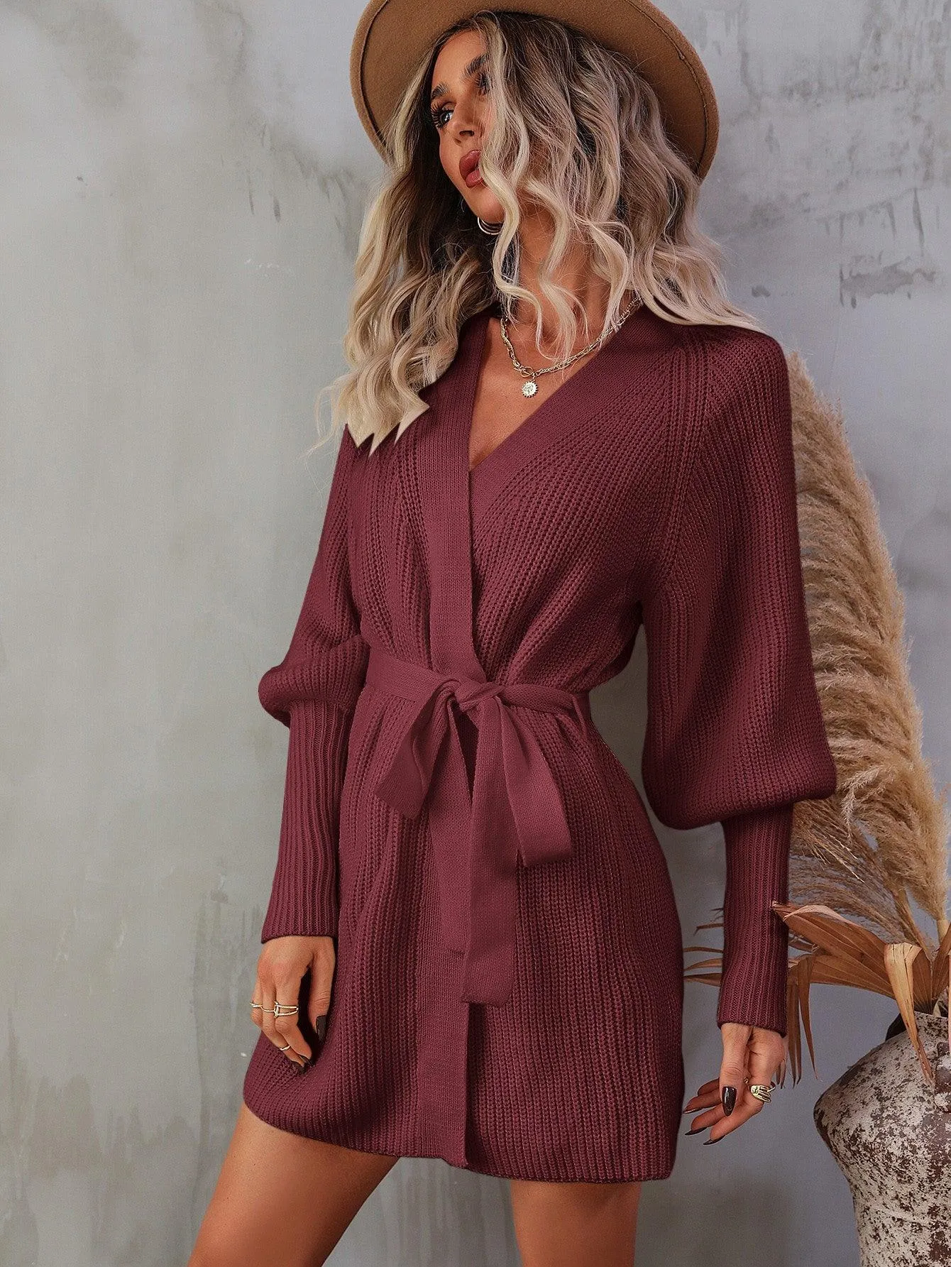 Hazel Blues® | Belted Surplice Lantern Sleeve Wrap Sweater Dress