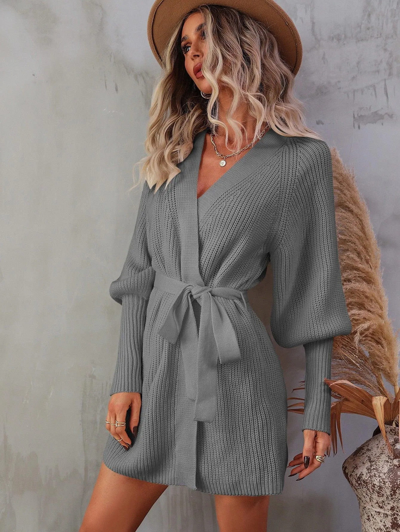 Hazel Blues® | Belted Surplice Lantern Sleeve Wrap Sweater Dress
