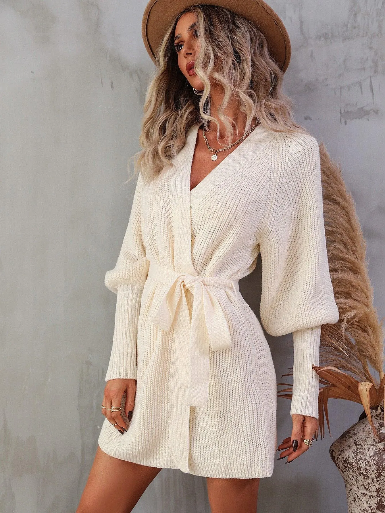 Hazel Blues® | Belted Surplice Lantern Sleeve Wrap Sweater Dress
