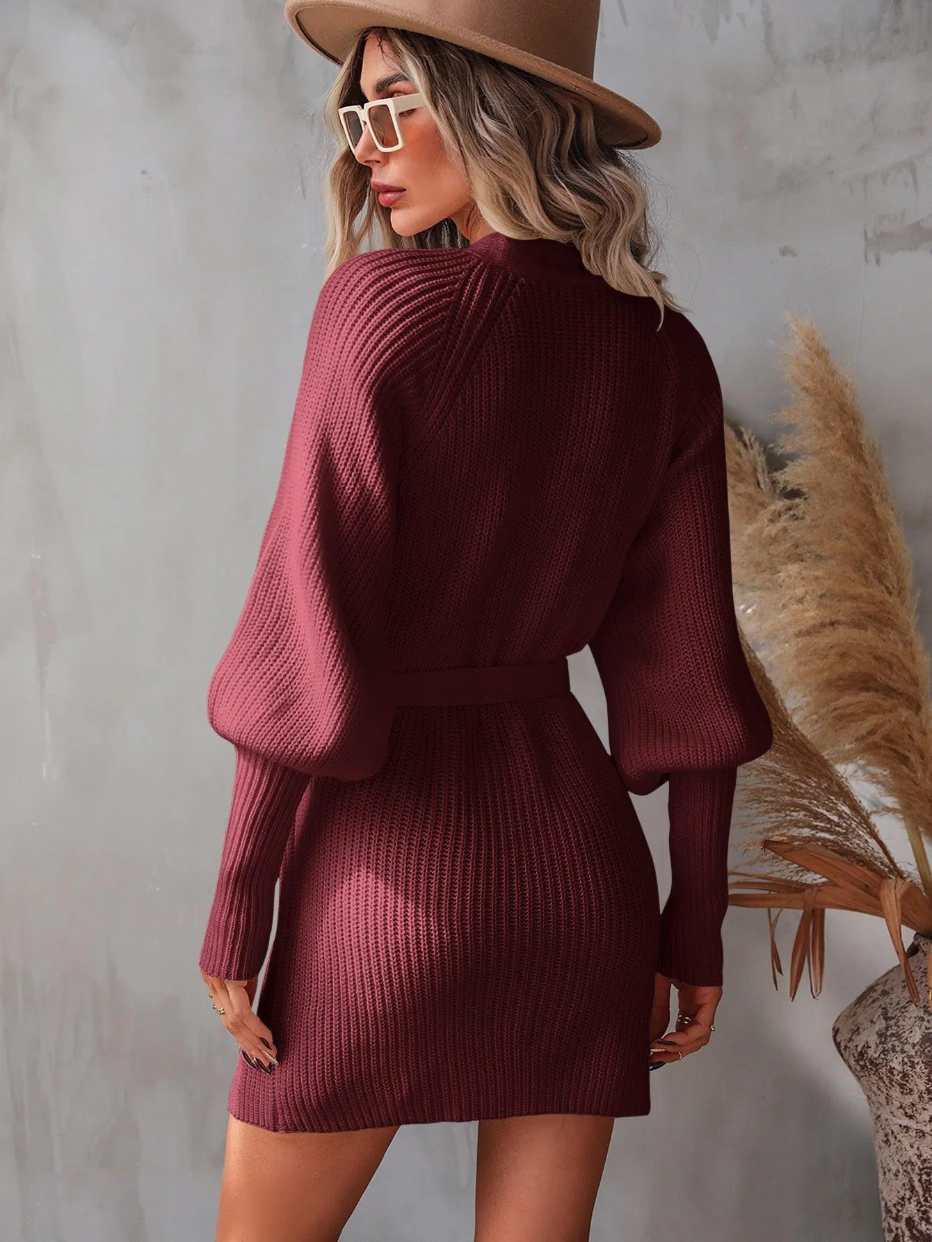 Hazel Blues® | Belted Surplice Lantern Sleeve Wrap Sweater Dress