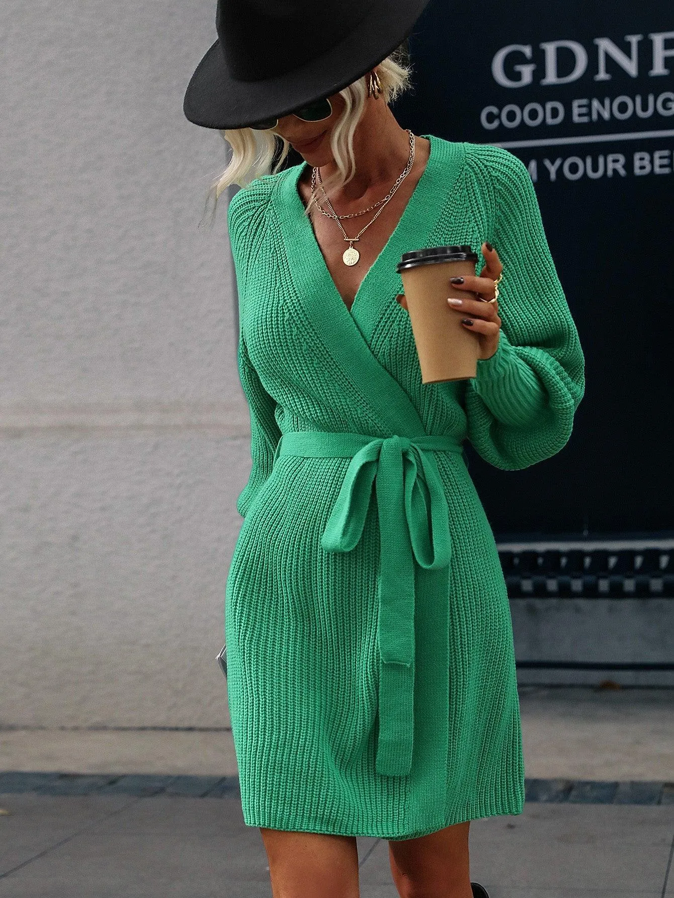 Hazel Blues® | Belted Surplice Lantern Sleeve Wrap Sweater Dress
