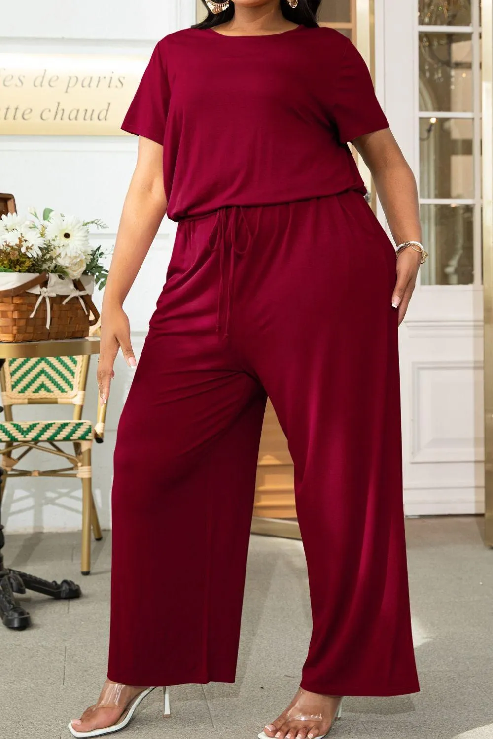 Hazel Blues® | Drawstring Waist Short Sleeve Jumpsuit