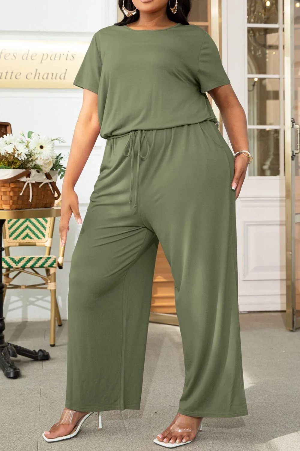 Hazel Blues® | Drawstring Waist Short Sleeve Jumpsuit