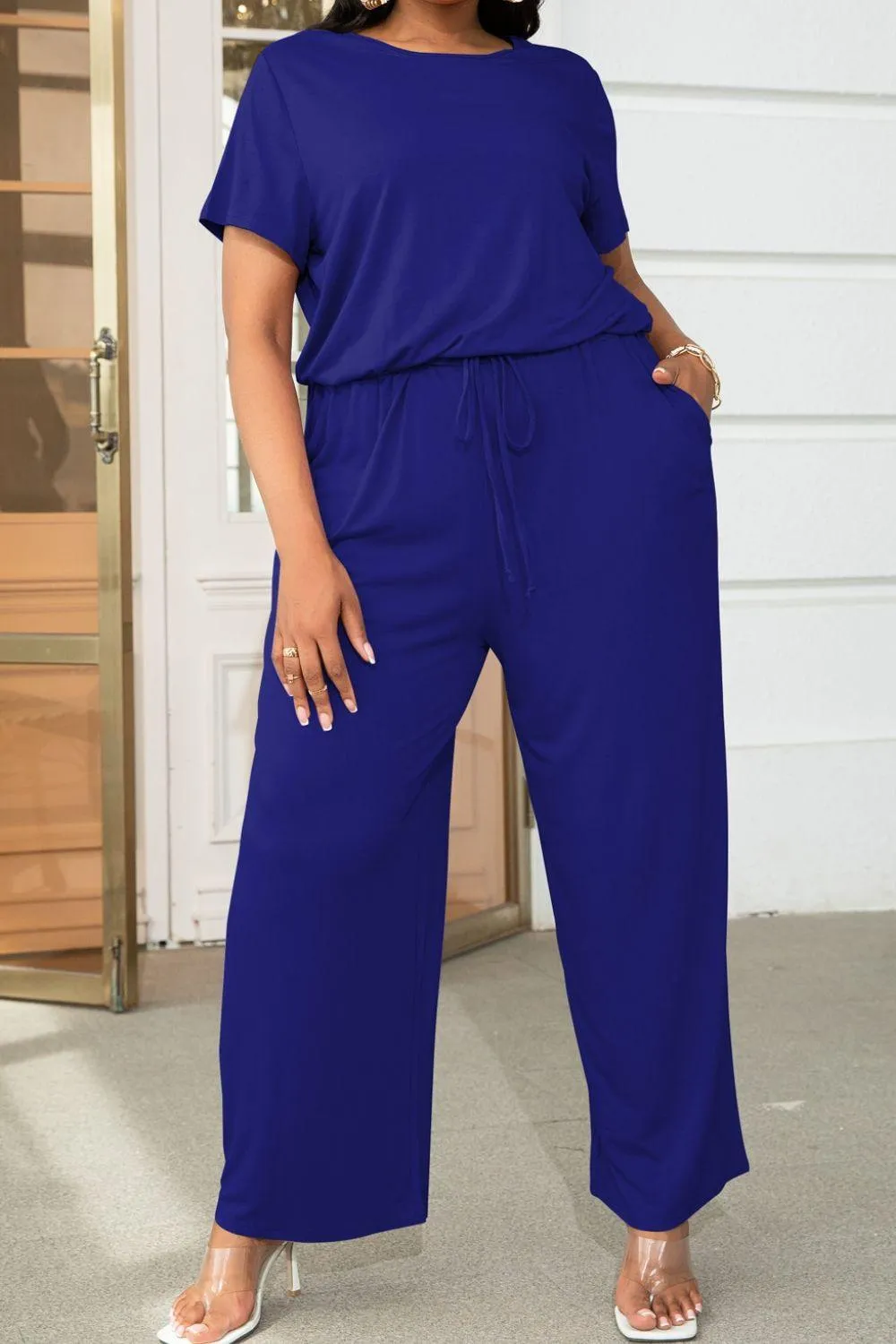 Hazel Blues® | Drawstring Waist Short Sleeve Jumpsuit