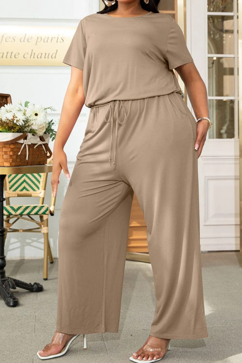 Hazel Blues® | Drawstring Waist Short Sleeve Jumpsuit