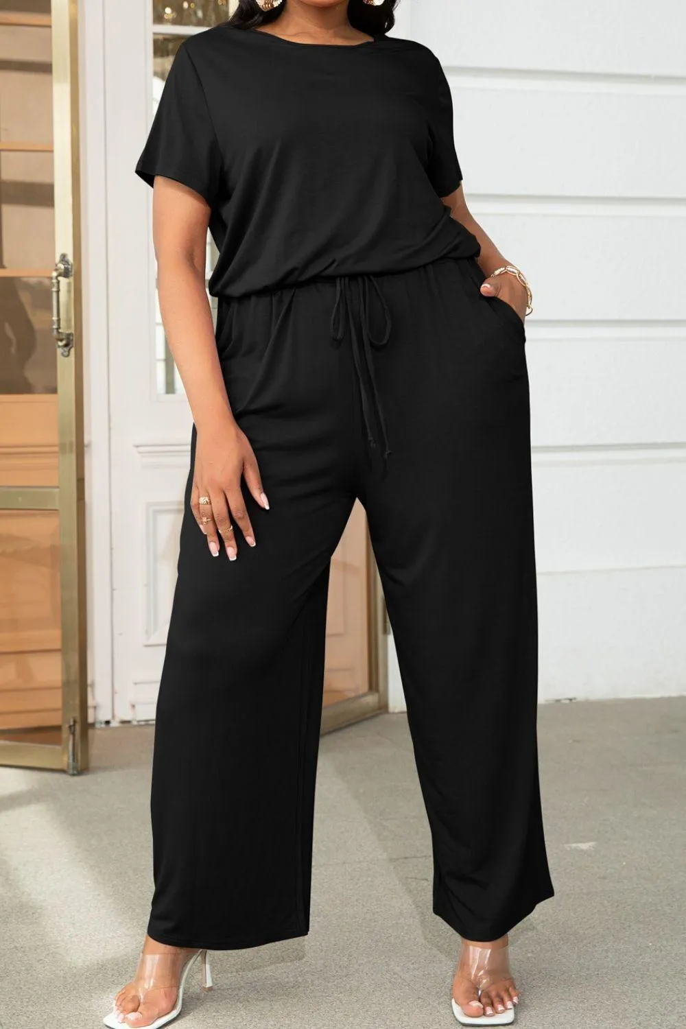 Hazel Blues® | Drawstring Waist Short Sleeve Jumpsuit
