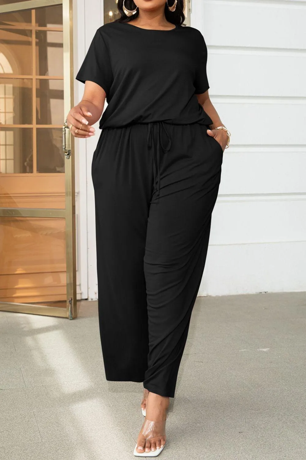 Hazel Blues® | Drawstring Waist Short Sleeve Jumpsuit