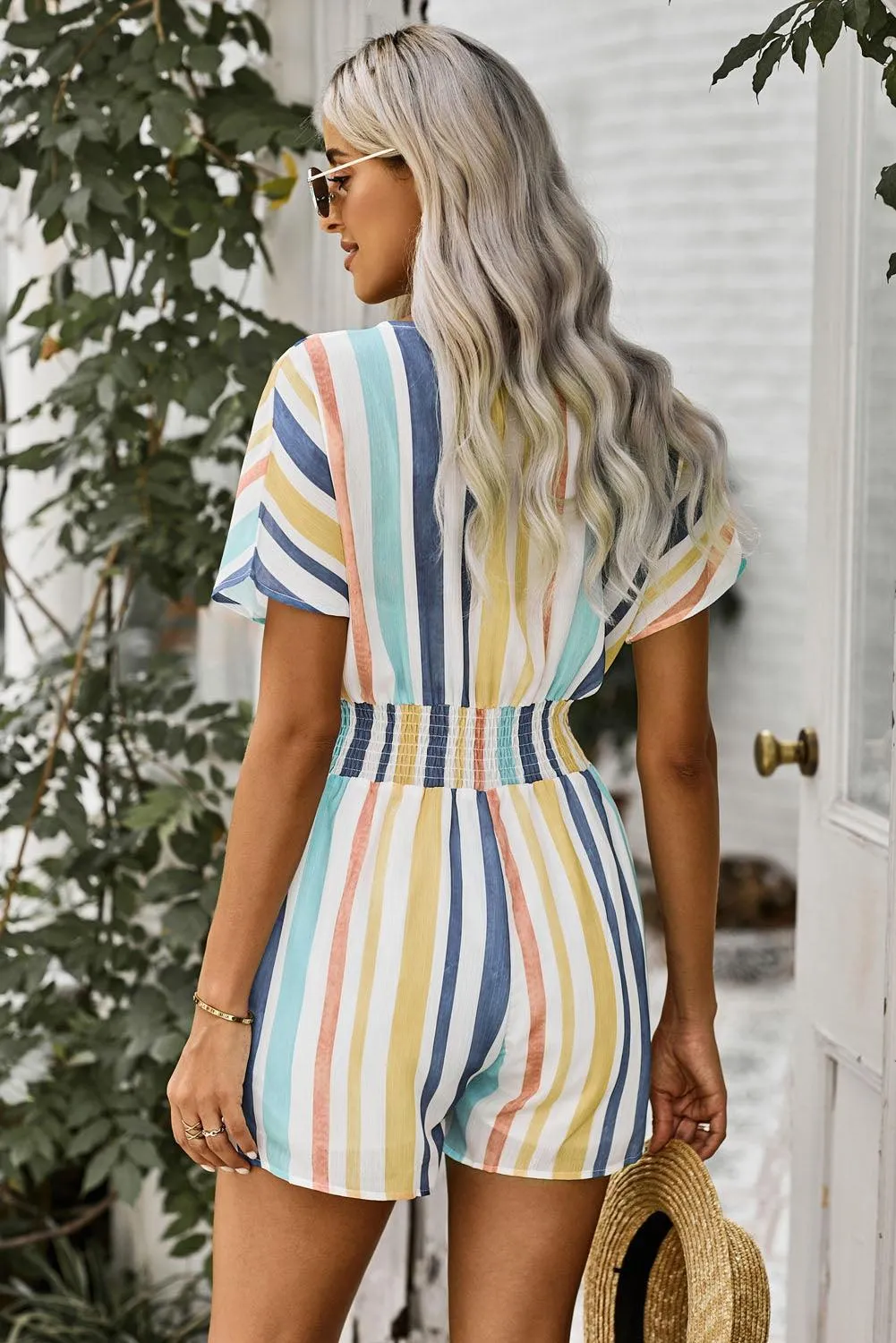 Hazel Blues® | Multicolored Stripe V-Neck Smocked Waist Romper