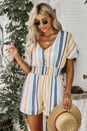 Hazel Blues® | Multicolored Stripe V-Neck Smocked Waist Romper