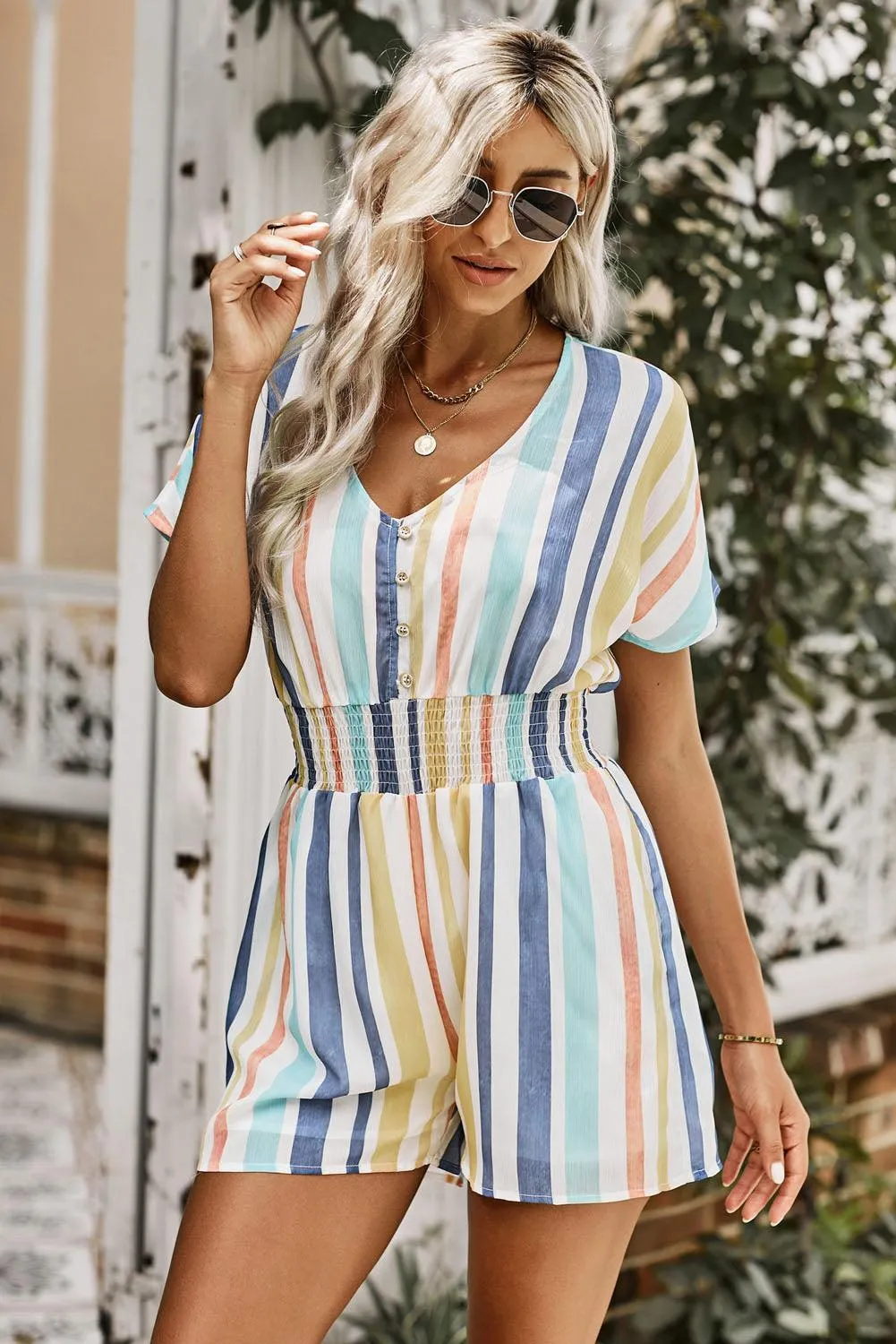 Hazel Blues® | Multicolored Stripe V-Neck Smocked Waist Romper