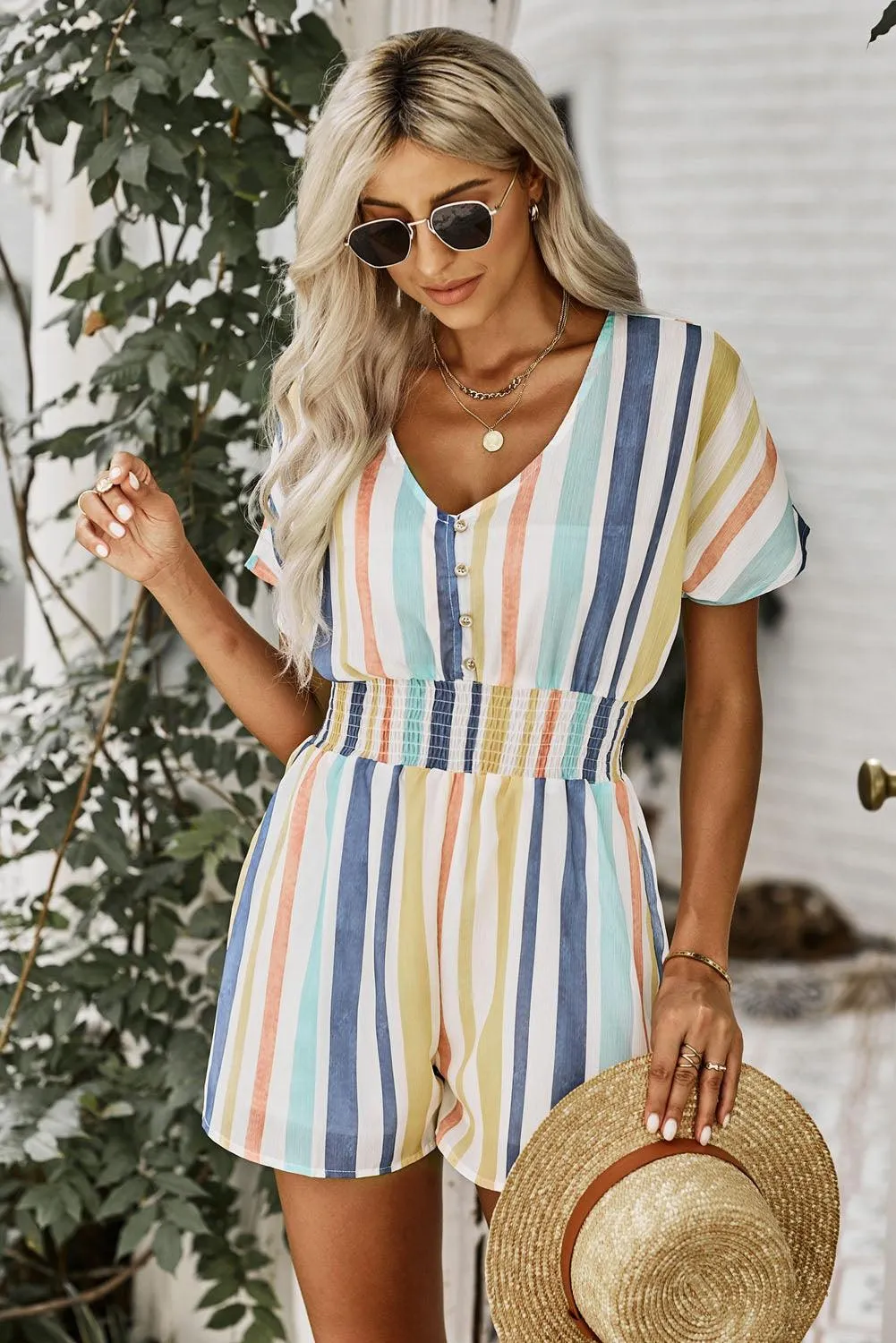 Hazel Blues® | Multicolored Stripe V-Neck Smocked Waist Romper