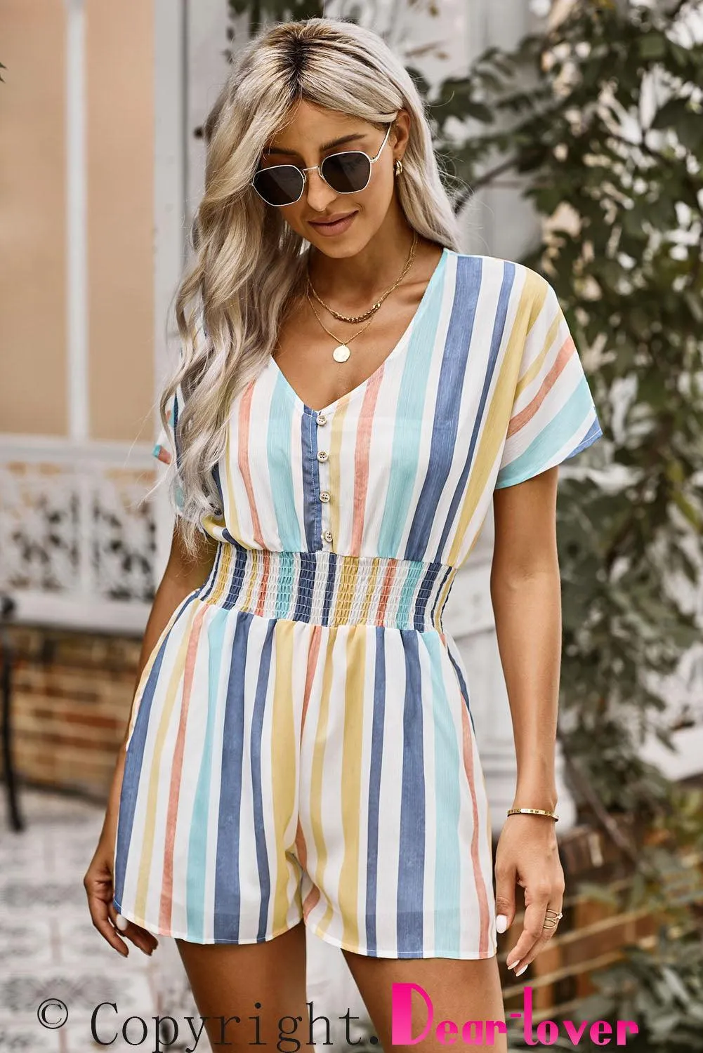 Hazel Blues® | Multicolored Stripe V-Neck Smocked Waist Romper