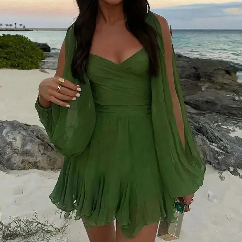 Hollow Lantern Sleeves Club Spring Casual Deep V High Waist 2024 Vintage Chiffon Short Summer Sexy Dress