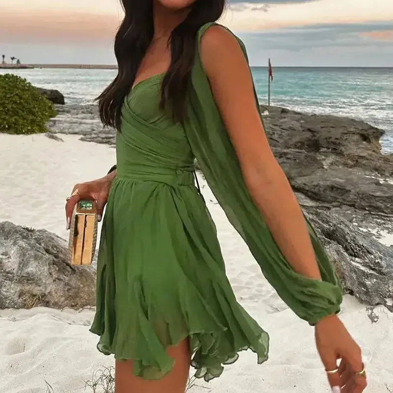 Hollow Lantern Sleeves Club Spring Casual Deep V High Waist 2024 Vintage Chiffon Short Summer Sexy Dress
