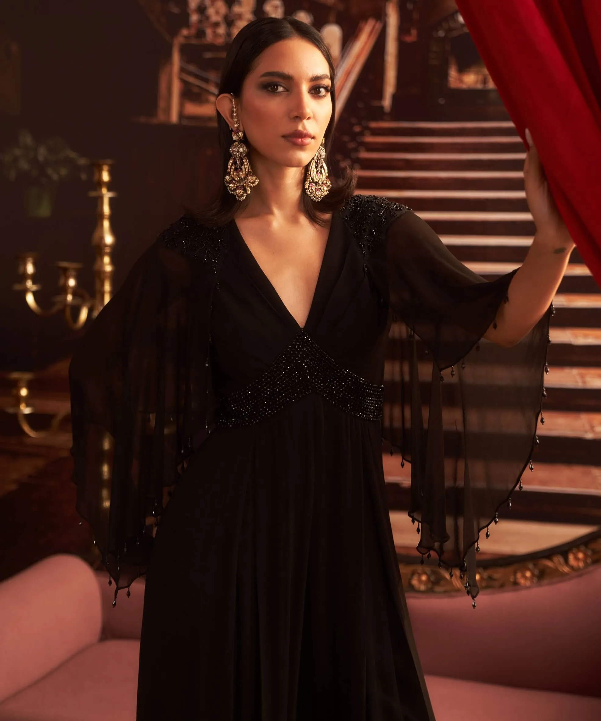Husan black embellished draped jumpsuit