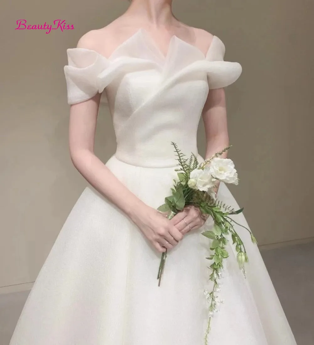 Ivory Wedding Dress Off-Shoulder Floor Length Short Sleeves