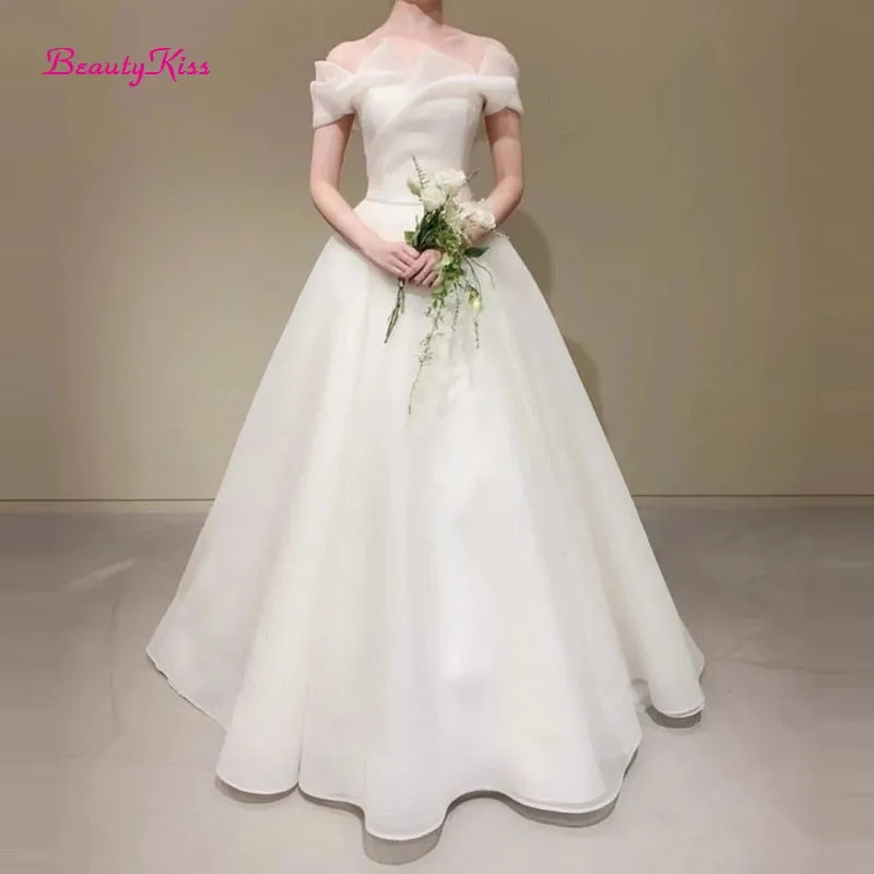 Ivory Wedding Dress Off-Shoulder Floor Length Short Sleeves
