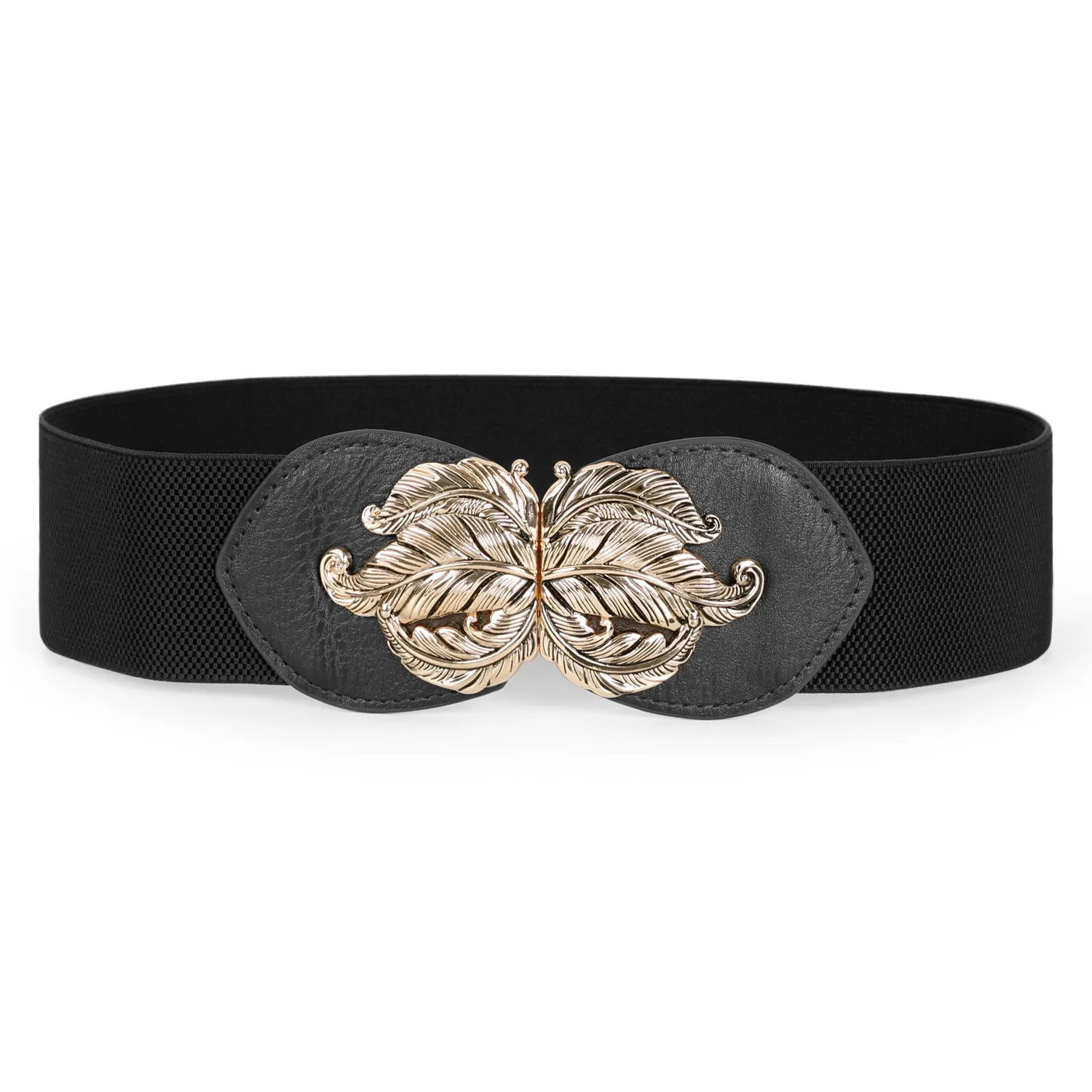JASGOOD Women Vintage Elastic Belt,Stretch Dress Waistband for Ladies,Cute Waist Belt with Gold Leaf Buckle,2.3Inch Wide