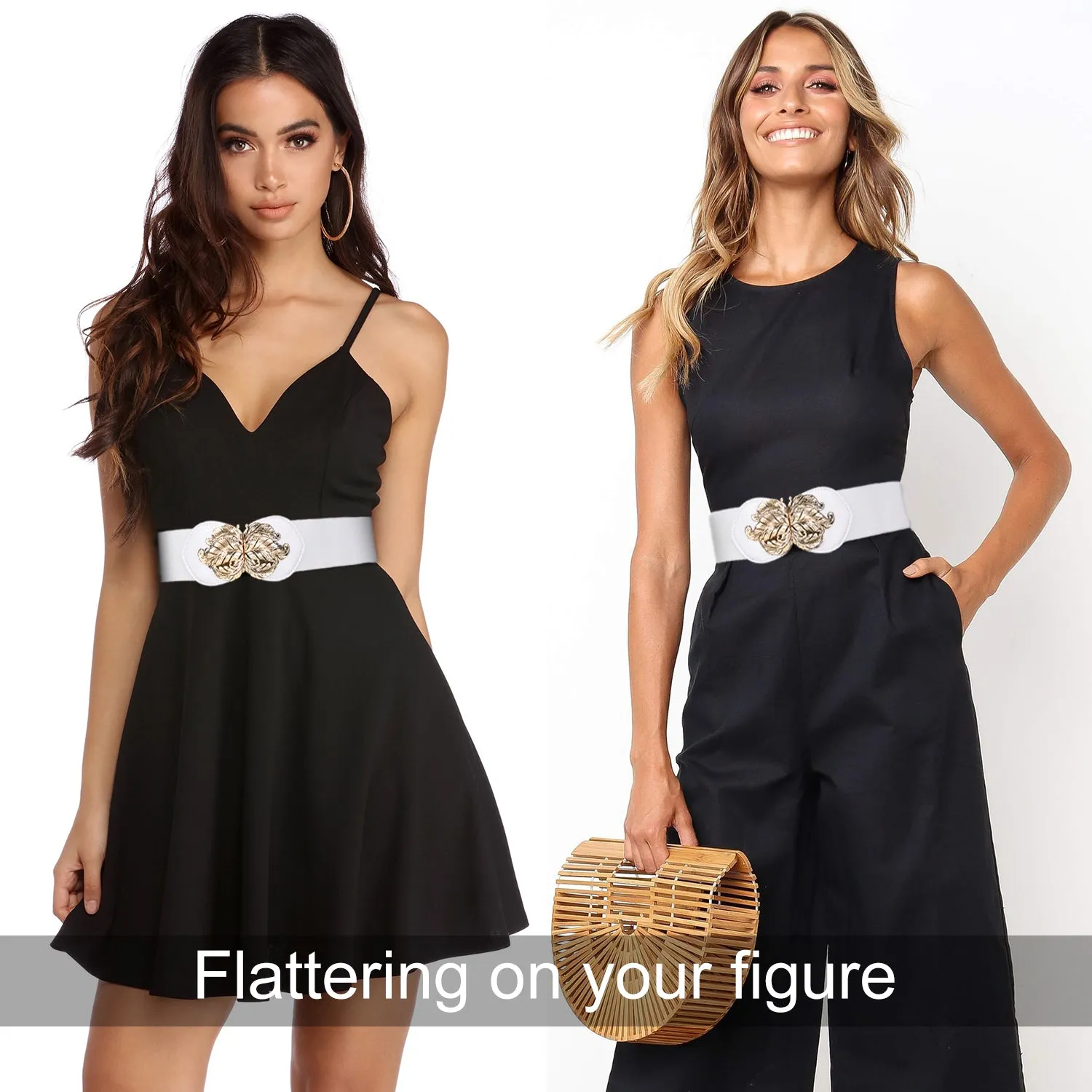 JASGOOD Women Vintage Elastic Belt,Stretch Dress Waistband for Ladies,Cute Waist Belt with Gold Leaf Buckle,2.3Inch Wide