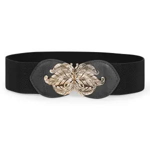 JASGOOD Women Vintage Elastic Belt,Stretch Dress Waistband for Ladies,Cute Waist Belt with Gold Leaf Buckle,2.3Inch Wide
