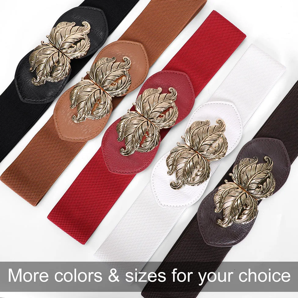 JASGOOD Women Vintage Elastic Belt,Stretch Dress Waistband for Ladies,Cute Waist Belt with Gold Leaf Buckle,2.3Inch Wide