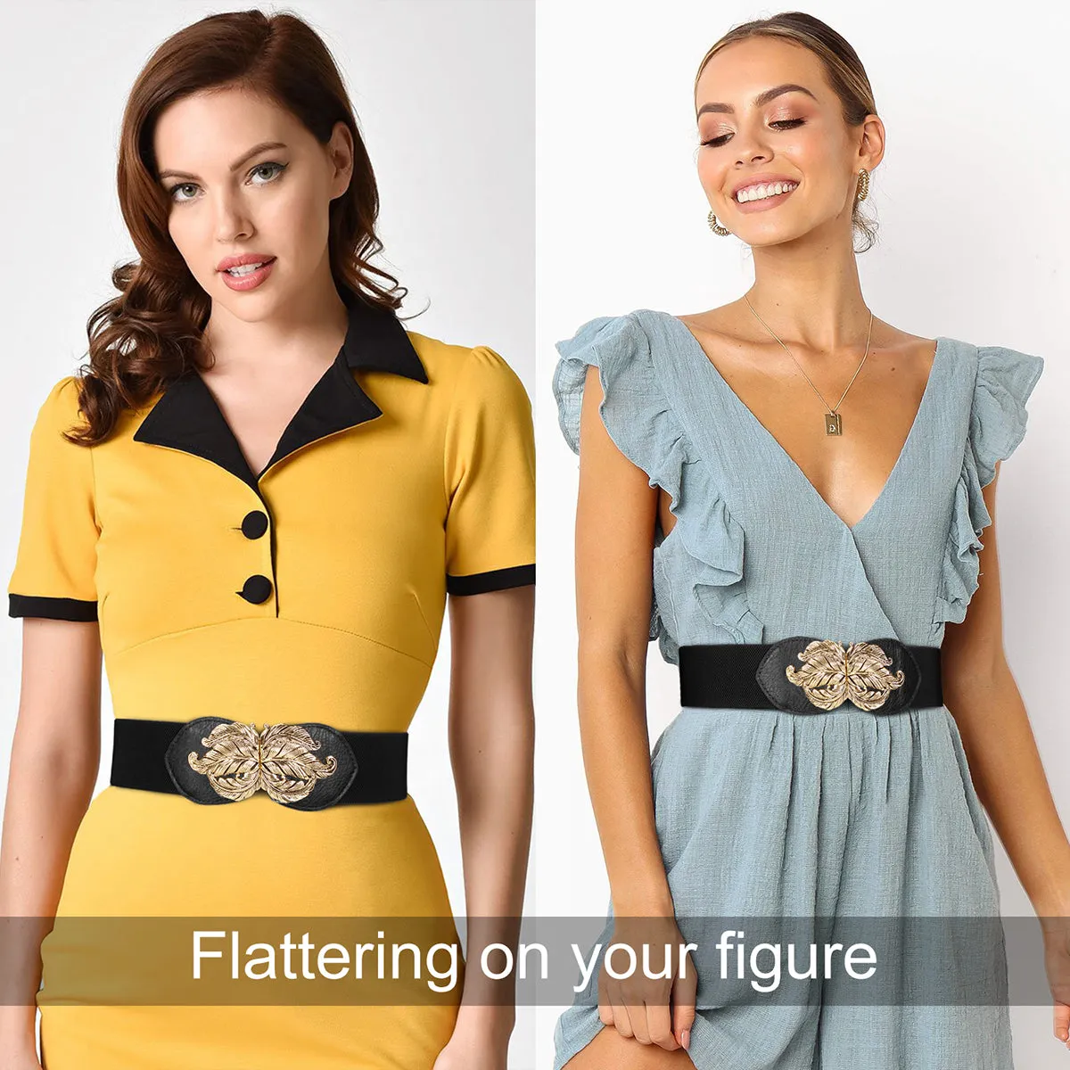 JASGOOD Women Vintage Elastic Belt,Stretch Dress Waistband for Ladies,Cute Waist Belt with Gold Leaf Buckle,2.3Inch Wide