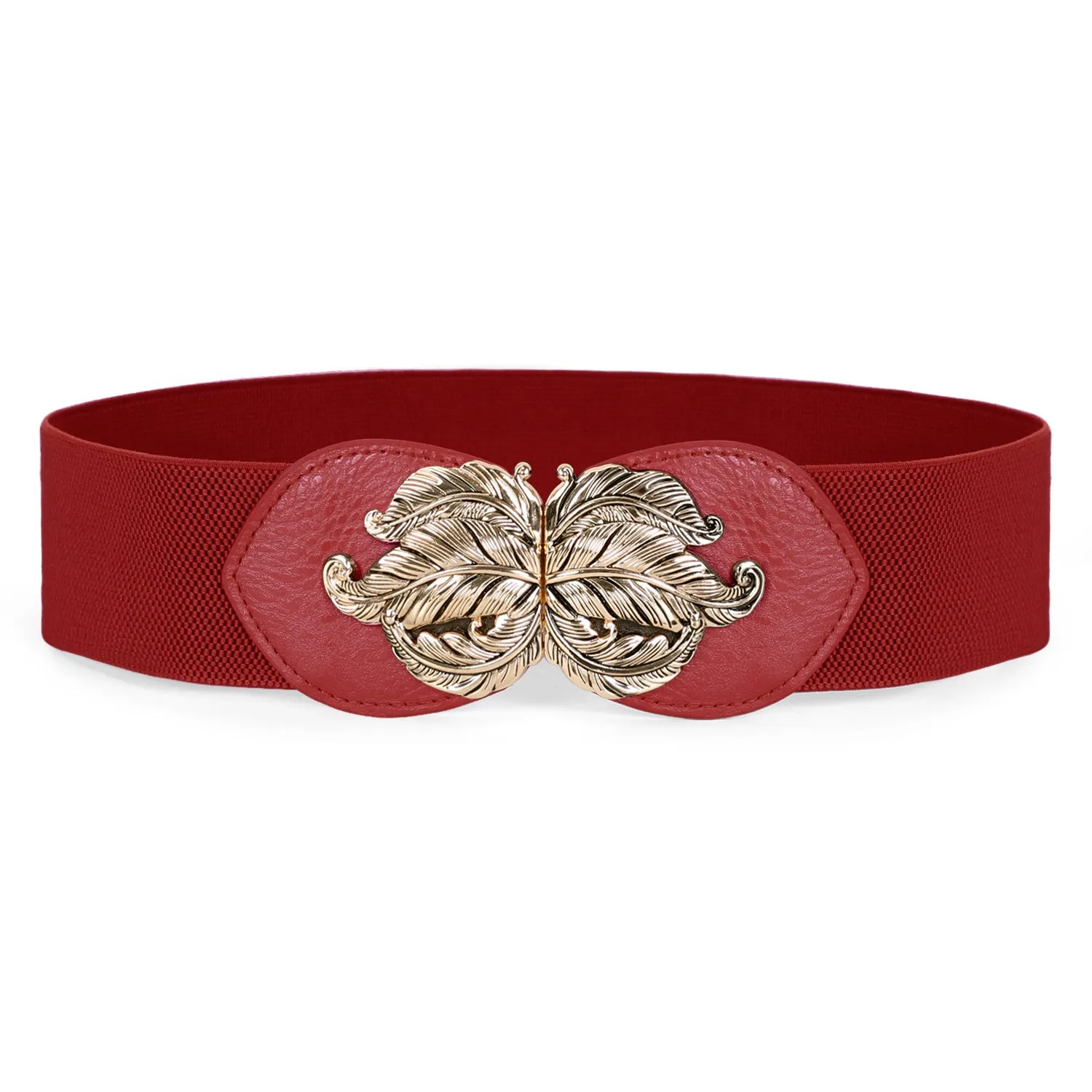 JASGOOD Women Vintage Elastic Belt,Stretch Dress Waistband for Ladies,Cute Waist Belt with Gold Leaf Buckle,2.3Inch Wide